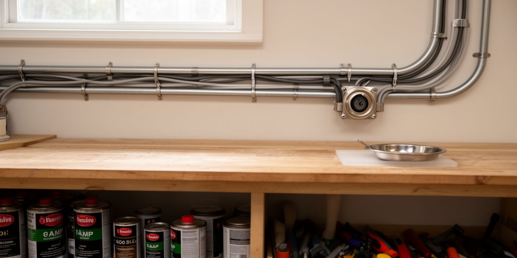 Защищённые кабели над рабочим верстаком