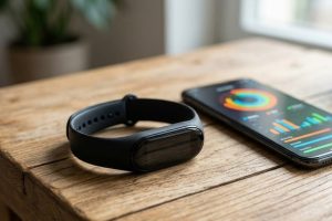 Фитнес-браслет рядом со смартфоном с приложением статистики