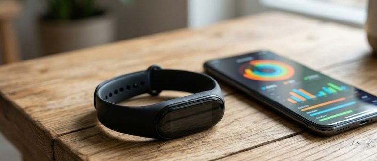 Фитнес-браслет рядом со смартфоном с приложением статистики