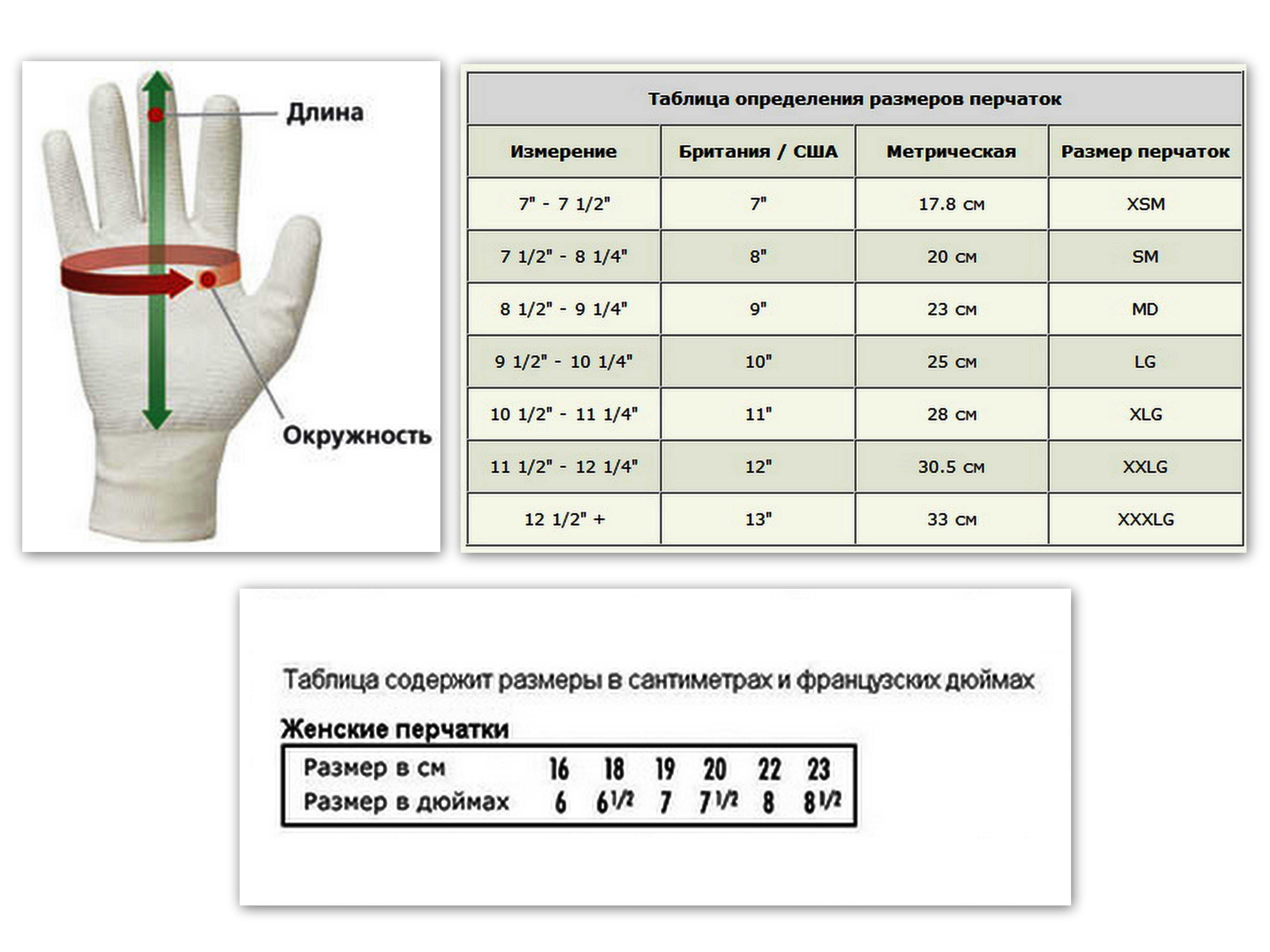 Размерная сетка перчаток женских
